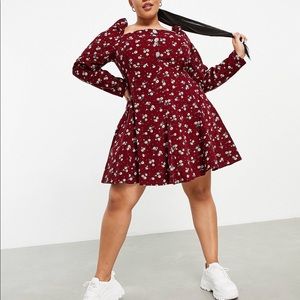 ASOS DESIGN Curve corduroy babydoll mini dress in red print w/rhinestone buttons